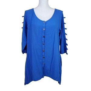 Color Me Cotton blue cut out 3/4 sleeve tunic top‎ L lagenlook